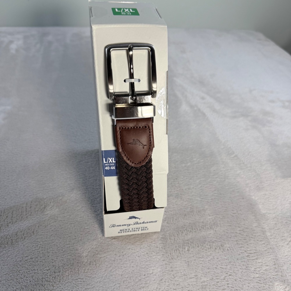 Tommy Bahama Reversible Stretch Belt Men L/XL Brown Navy Woven Braided Casual
